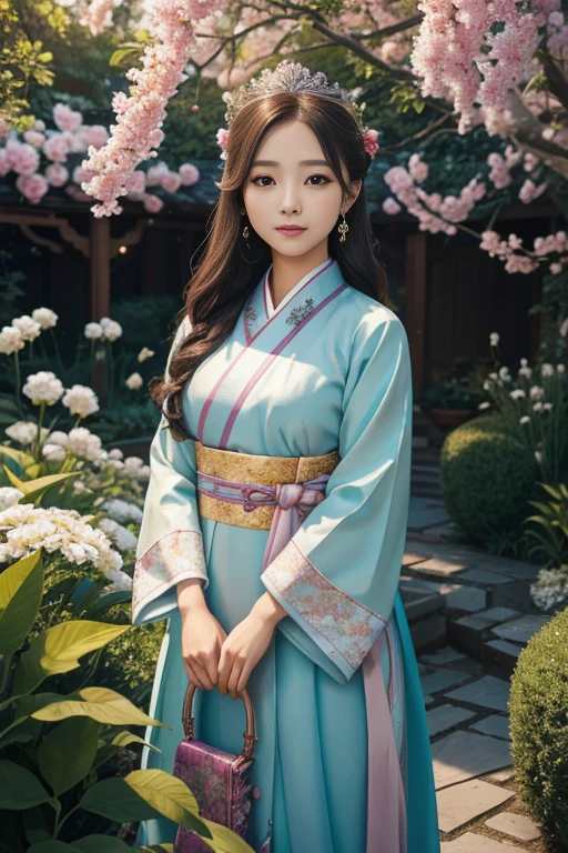 A beautiful girl in a hanbok dress stands in a vibrant garden filled with blooming flowers. The moon shines brightly in the night sky, casting a gentle glow on the scene. The camera angle captures the girl from a Dutch angle, adding a dynamic perspective to the image. The wide shot encompasses the entire garden, showcasing the intricate details of the flora and the girl's surroundings.
The girl's hanbok dress is adorned with delicate floral patterns, reflecting the beauty of the garden. She wears a crown, emphasizing her regal presence in the scene. Her eyes sparkle with intricate details, capturaing the viewer's attention. Her lips are beautifully defined, enhancing her elegant appearance.
The garden is filled with various types of flowers, providing a colorful and lively atmosphere. The flowers are meticulously detailed, showcasing their individual petals and vibrant colors. The background of the garden is filled with lush greenery and trees, adding depth and texture to the scene.
The overall image quality is of the highest standard, with a distinct image that captures every detail. The resolution is set to high, ensuring clear and crisp visuals. The scene is depicted with realism, featuring photorealistic elements that bring the image to life. The color palette is vivid and vibrant, enhancing the beauty of the flowers and the girl's attire.
The lighting in the scene is carefully crafted, with a focus on creating a serene and enchanting atmosphere. The moonlight casts a soft glow on the garden, adding a touch of magic to the scene. The lighting also highlights the girl's features, accentuating her beauty and grace.
This prompt combines the elements of a girl, a hanbok dress, a garden filled with flowers, the moon, and a distinct composition to create a captivating and visually stunning image. The prompt ensures the best quality, high resolution, and a distinct image that showcases the intricate details of the scene.