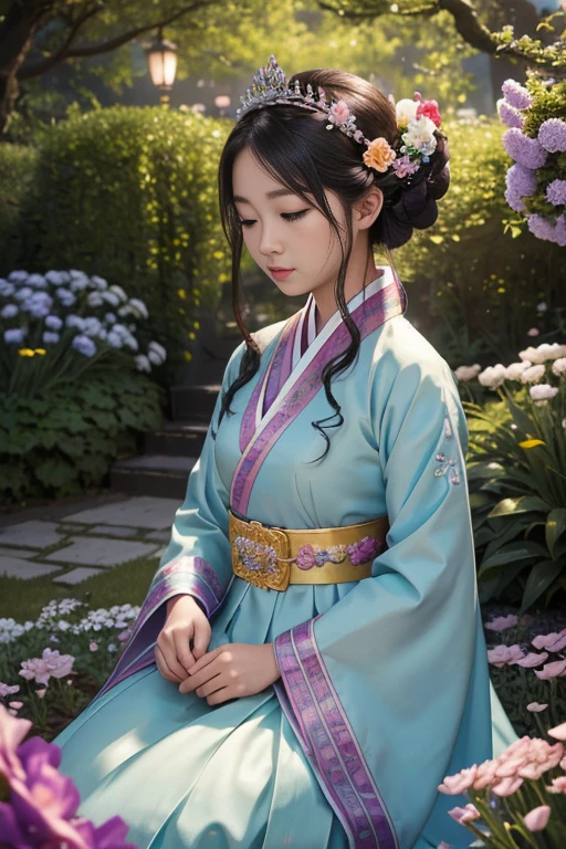A beautiful girl in a hanbok dress stands in a vibrant garden filled with blooming flowers. The moon shines brightly in the night sky, casting a gentle glow on the scene. The camera angle captures the girl from a Dutch angle, adding a dynamic perspective to the image. The wide shot encompasses the entire garden, showcasing the intricate details of the flora and the girl's surroundings.
The girl's hanbok dress is adorned with delicate floral patterns, reflecting the beauty of the garden. She wears a crown, emphasizing her regal presence in the scene. Her eyes sparkle with intricate details, capturaing the viewer's attention. Her lips are beautifully defined, enhancing her elegant appearance.
The garden is filled with various types of flowers, providing a colorful and lively atmosphere. The flowers are meticulously detailed, showcasing their individual petals and vibrant colors. The background of the garden is filled with lush greenery and trees, adding depth and texture to the scene.
The overall image quality is of the highest standard, with a distinct image that captures every detail. The resolution is set to high, ensuring clear and crisp visuals. The scene is depicted with realism, featuring photorealistic elements that bring the image to life. The color palette is vivid and vibrant, enhancing the beauty of the flowers and the girl's attire.
The lighting in the scene is carefully crafted, with a focus on creating a serene and enchanting atmosphere. The moonlight casts a soft glow on the garden, adding a touch of magic to the scene. The lighting also highlights the girl's features, accentuating her beauty and grace.
This prompt combines the elements of a girl, a hanbok dress, a garden filled with flowers, the moon, and a distinct composition to create a captivating and visually stunning image. The prompt ensures the best quality, high resolution, and a distinct image that showcases the intricate details of the scene.