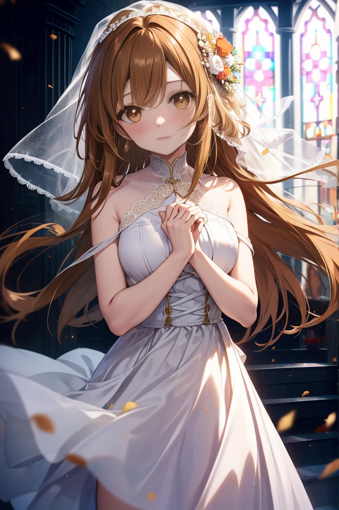 Asunayuuki, asuna yuuki sao, long hair, brown hair, (brown eyes:1.8), ,
smile,blush,Wedding dress,veil,bouquet,church,chapel,breaking looking at viewer, (cowboy shot:1.5),medium chest break (masterpiece:1.2), highest quality, High resolution, unity 8k wallpaper, (figure:0.8), (beautiful and fine eyes:1.6), highly detailed face, perfect lighting, Very detailed CG, (perfect hands, perfect anatomy),