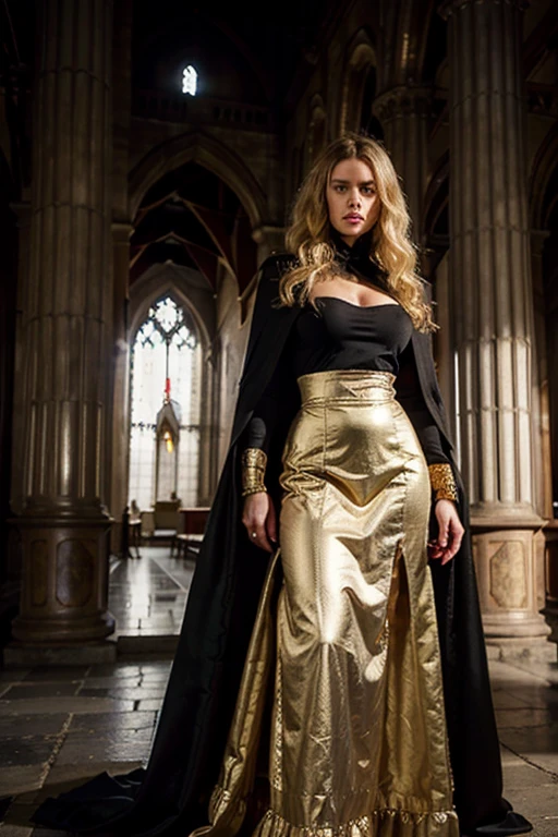 dark soul, dim light, old church, mature female, slim, tall, long blonde curly hair, long black cape, red leotardy long skirt, long skirt with diamond, gold bracelet, 8k, Official style, European aristocracy,