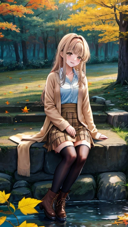 ((highest quality,4K,8K,High resolution,masterpiece:1.2)),Midday Shiina, Mahiru Shiina,flaxen hair,beautiful young woman, Fallen leaves pile up小道が続く秋の田舎,Autumn view,(((long cardigan,camisole,plaid skirt,Thin tights,ankle boots))),nudist,Happy,beauty of nature,shining golden eyes,detailed facial features,rosy cheeks, A gentle smile here, Autumn forest scenery with colorful autumn leaves, Autumn forest covered with fallen leaves,refreshing autumn air,Quiet and peaceful,calm atmosphere,tranquil mood, stepping on fallen leaves,Unspoiled nature, Fallen leaves pile up,Clear blue sky,Sunlight through the trees,subtle shadow,Cozy and warm feel,calmness and relaxation,enjoying solitude,one with nature,Blissful Harmony,The soothing sounds of nature,breeze,The sound of leaves blowing in the wind,The sound of fallen leaves crunching underfoot,Whispers of the Wind,freedom and freedom,The beauty of simplicity,free and carefree existence,Incorporate natural elements,Graceful and elegant movements,Aura of peace,feeling of satisfaction and happiness,enjoy this moment,Connect with the environment,calm and slow pace,Take in breathtaking views, blue sky and trees々While looking at the beautiful autumn forest,beauty of natureしさに浸る,unforgettable autumn memories,fantastic and fantastic world
【Material】：oil,classical artwork,realistic portrait,realistic style,Soft brush strokes,rich textures,attention to detail,Bright colors,warm color palette,depth and dimension,Subtle highlights and shadows,Impressionismのタッチ,Elegant and sophisticated composition,Fine Art Quality
【image quality】：super detailed,High resolution,Crystal clear images,sharp focus,small details,Captivating clarity and definition,professional grade,Exquisite quality,Picture-perfect,Perfect craftsmanship,great level of detail,realistic depiction
【art style】：Portrait Art,realism,Impressionism,romanticism, Beautiful landscape painting of an autumn forest with sunlight shining through it,modern art,Landscape Photography,concept artist
【hue】：柔らかくて涼しいhue,Autumn color palette,madder red,chestnut skin color,subtle gray,Pink Tips,Bright red stands out
【lights】：soft diffused light,Subtle sunlight,A play of light and shadow,Gentle shine,warm and inviting atmosphere,calm and charming