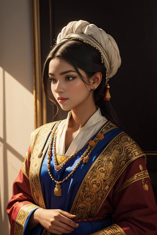 dressed in traditional clothing, confident expression, sharp facial features, minimalistic lighting, vibrant colors, contrasting shadows, fine details, classic painting style.
