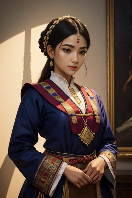 dressed in traditional clothing, confident expression, sharp facial features, minimalistic lighting, vibrant colors, contrasting shadows, fine details, classic painting style.