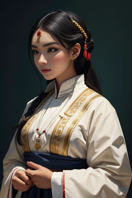 dressed in traditional clothing, confident expression, sharp facial features, minimalistic lighting, vibrant colors, contrasting shadows, fine details, classic painting style.
