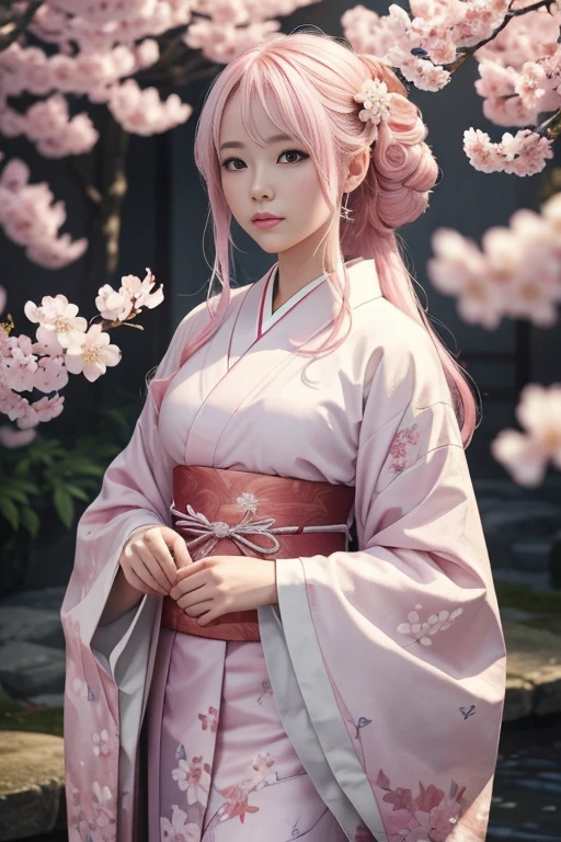 A hyper-realistic, highly detailed, and high-resolution 16k image of a young, beautiful female ghost or guardian spirit. She has light pink hair and translucent skin, and is dressed in a traditional Japanese kimono with a small cherry blossom design on the obi. The image captures the ethereal beauty and mystique of the spirit world. The style is inspired by the delicate, soft aesthetic found in traditional Japanese art.