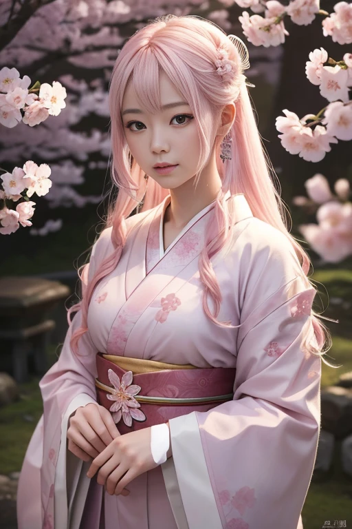 A hyper-realistic, highly detailed, and high-resolution 16k image of a young, beautiful female ghost or guardian spirit. She has light pink hair and translucent skin, and is dressed in a traditional Japanese kimono with a small cherry blossom design on the obi. The image captures the ethereal beauty and mystique of the spirit world. The style is inspired by the delicate, soft aesthetic found in traditional Japanese art.