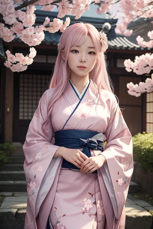 A hyper-realistic, highly detailed, and high-resolution 16k image of a young, beautiful female ghost or guardian spirit. She has light pink hair and translucent skin, and is dressed in a traditional Japanese kimono with a small cherry blossom design on the obi. The image captures the ethereal beauty and mystique of the spirit world. The style is inspired by the delicate, soft aesthetic found in traditional Japanese art.