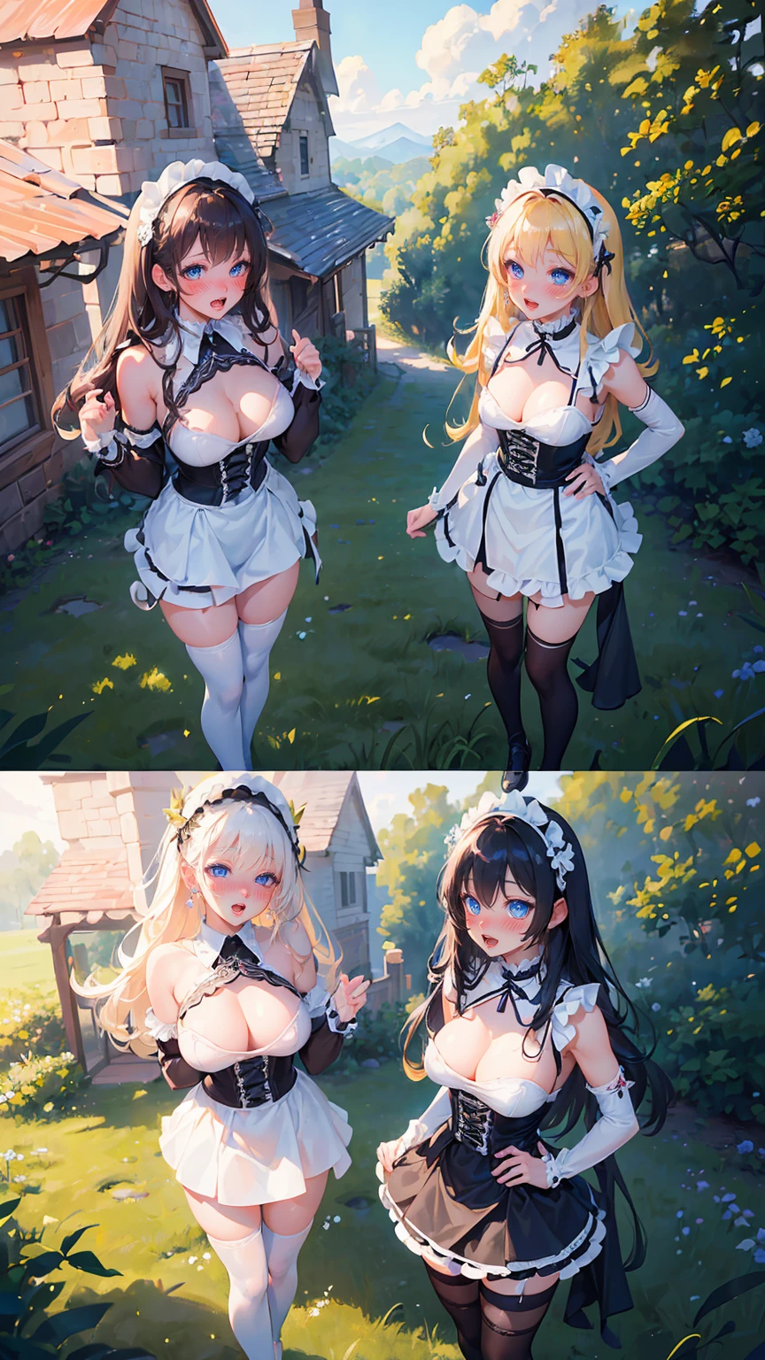 Ultra Quality, (Unparalleled Masterpiece:1.4), Overwhelmingly, Pixel-Perfect, Ultra-Detailed, CG 4K,(Ultra-Detailed Clear), ((fantasy landscape)), (Absurdly-Vivid), (intricately detailed), (Facing Viewer:1.2), (Cowboy Shot:1.2), (from above:1.1), Shiny detailed hair, beautiful hair, detailed face, ((3 girls)), ((group of three girls)), ((group of three girls standing side by side)), ((3 girls looking at viewer)), ((maids)), ((group of three female maids)), ((fantasy maids)), seductive, slutty, erotic, suggestive, ultra high quality eyes, detailed eyes, perfect eyes, large eyes, blushing, open mouth, ahegao, ((nsfw))