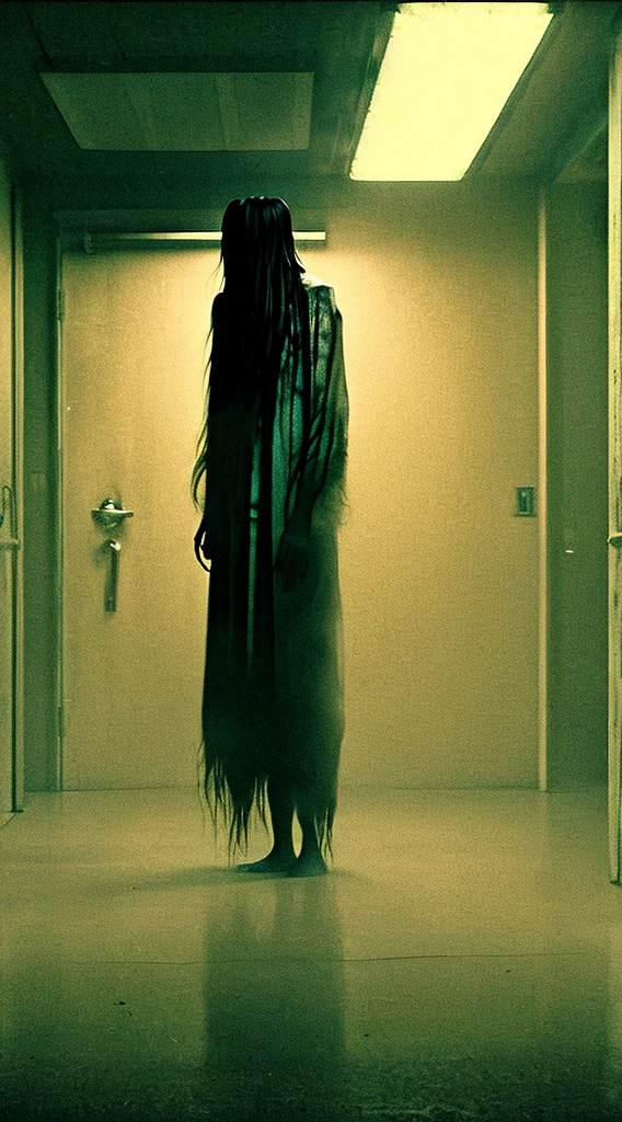 Sadako, Creepypasta monster in dark warehouse nightmare liminal space, dynamic lighting, realistic, Trending at Art Station, stunning visuals, foggy, creative, cinematic, Super detailed, atmosphere, environmental lighting, scary art, poor quality, heavy film grain, low saturation, orange teal hue