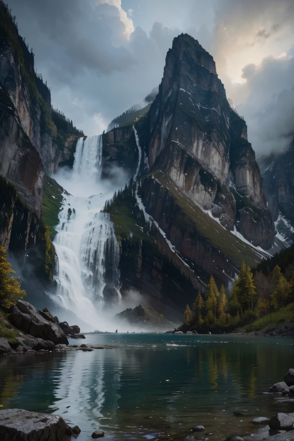 photo of a mountain scene with a lake and a mountain and a beach in the dark clouds background, lots of waterfalls, inspired by Thomas Moran, mountainscape, misty mountains, detailed digital painting, detailed soft painting, inspired, soft digital painting, high detail digital painting, low detailed. digital painting, painted in high resolution, 8 k resolution digital painting, 8k resolution digital painting, detailed painting 4 k, hyper realism
