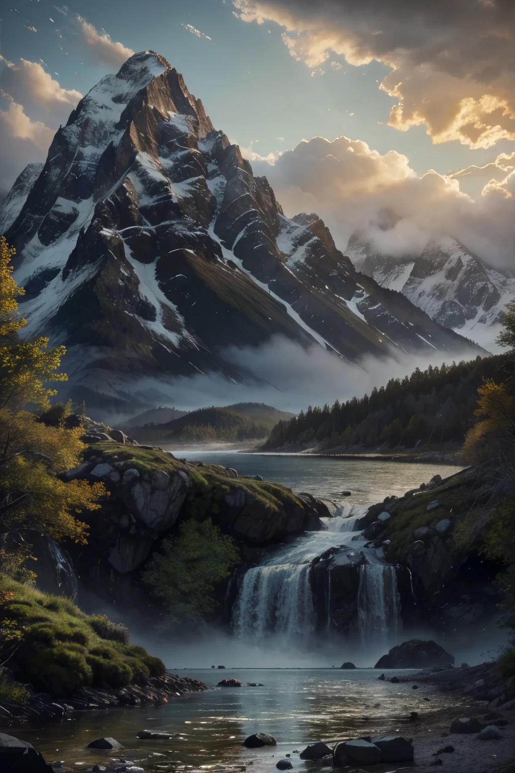 photo of a mountain scene with a lake and a mountain and a beach in the dark clouds background, lots of waterfalls, inspired by Thomas Moran, mountainscape, misty mountains, detailed digital painting, detailed soft painting, inspired, soft digital painting, high detail digital painting, low detailed. digital painting, painted in high resolution, 8 k resolution digital painting, 8k resolution digital painting, detailed painting 4 k, hyper realism