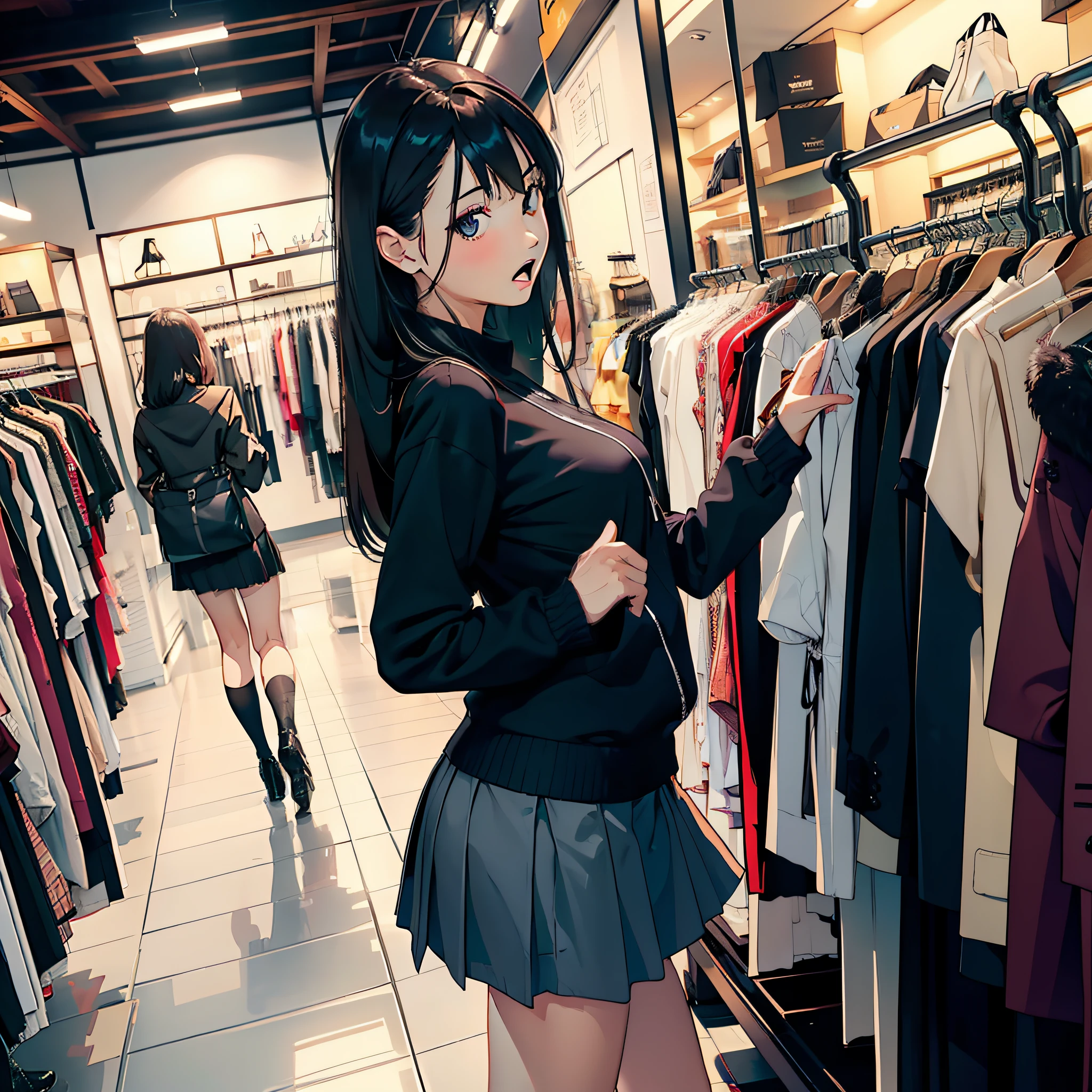 1 beauty,Look at the price tag in front of you,Very wide open mouth,expression of surprise,horse tailed,short skirt,Buy clothes,In a luxurious clothing store,Clothing price tag(Side angle photo 1.5)