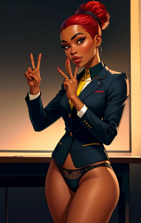 Calidad superior, obra maestra, 1 chica, Lifeline, Hermoso rostro, pelo rojo, hairstyle double bun, piel negra (afroasian), (imagen fotorrealista:1.3), edge lighting, (piel con alto detalle:1.2), 8k UHD, digital slr camera, alta calidad, high resolution, 4k, 8k, bokeh, absurdo, Best ratio four fingers and one thumb, (real:1.3), skinny body, small face, linda chica, Blazer ajustado formal ?????, small breast, falda corta,( squat, levantadose la falda, panties visibles, panties blancas,) making the peace sign with both hands, oficina.