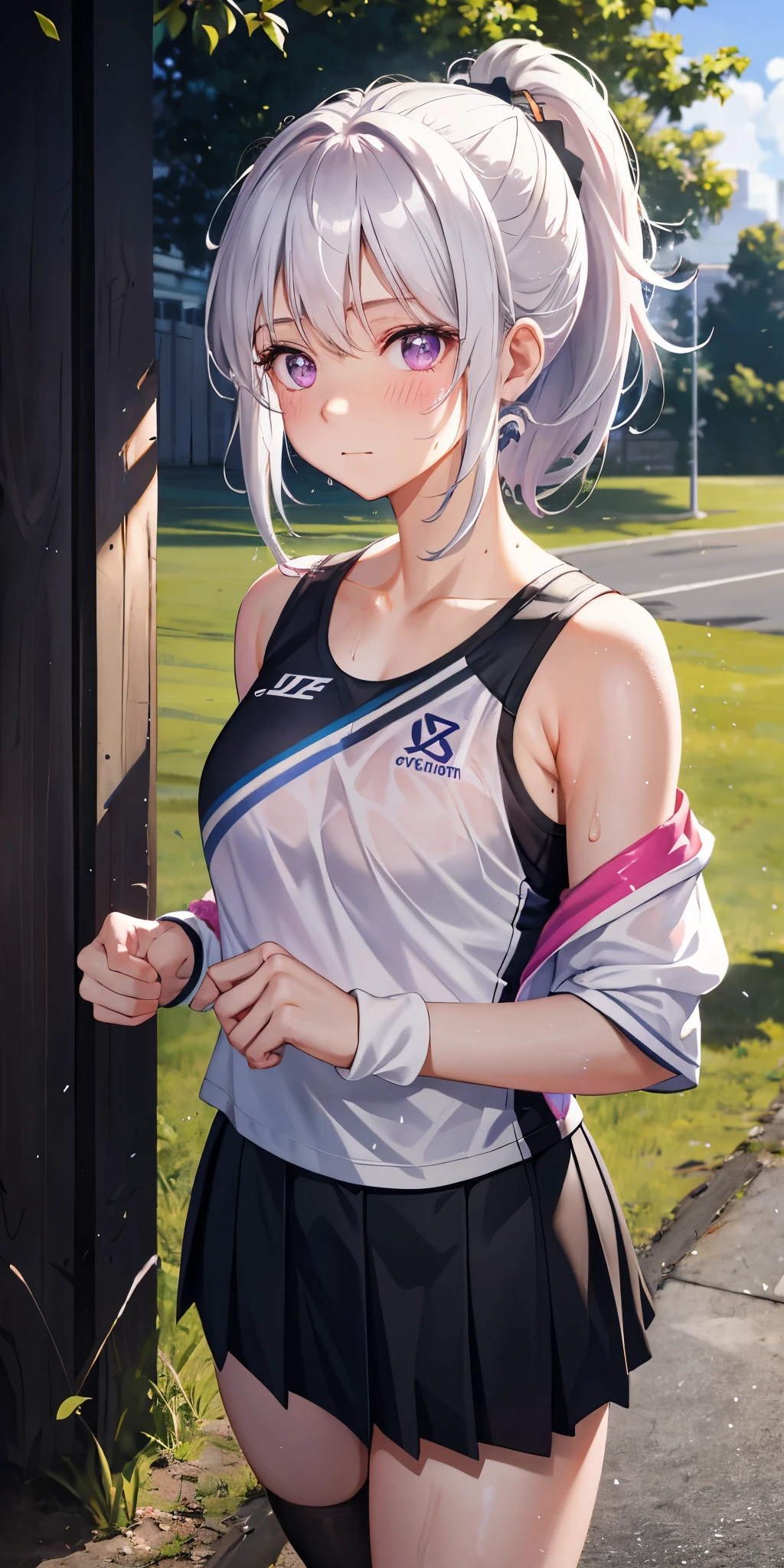 actual, 1 girl, ponytail, harelip, blush, cosmetic, faint smile, white hair, sportswear, skirt, wet clothes, glowing hair, thigh, purple eyes, bare shoulders, clavicle, Willow Yao, Sunlight, Sunlight, Rose, wind, split, (masterpiece), Sweat, poop