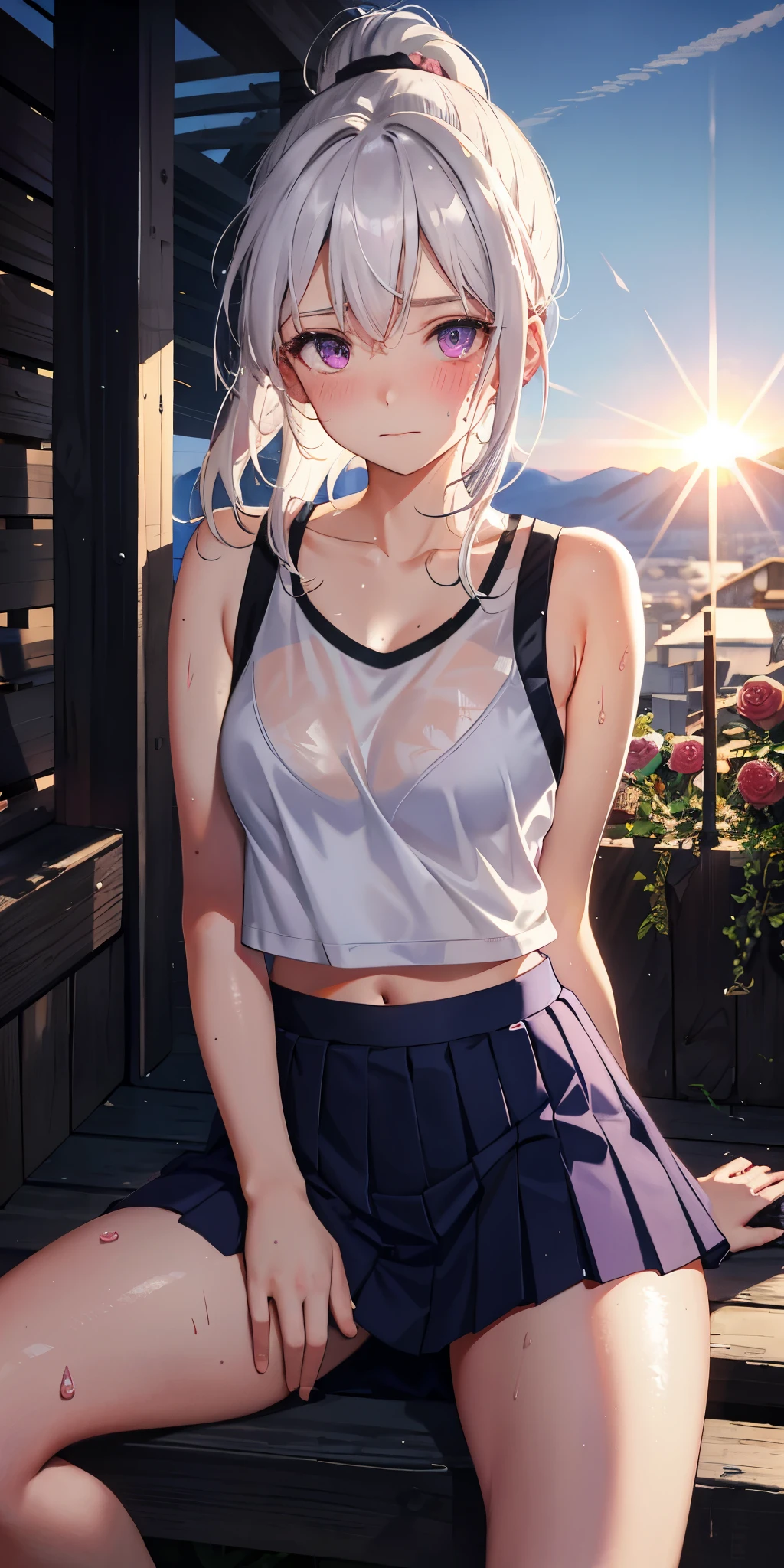 actual, 1 girl, ponytail, harelip, blush, cosmetic, faint smile, white hair, sportswear, skirt, wet clothes, glowing hair, thigh, purple eyes, bare shoulders, clavicle, Willow Yao, Sunlight, Sunlight, Rose, wind, split, (masterpiece), Sweat, poop