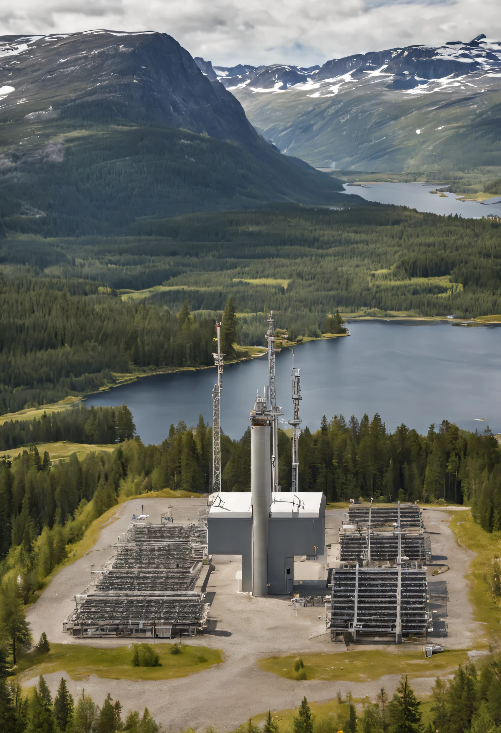 high voltage substation in Sweden in summer . in the back ground mountains with snow on peak