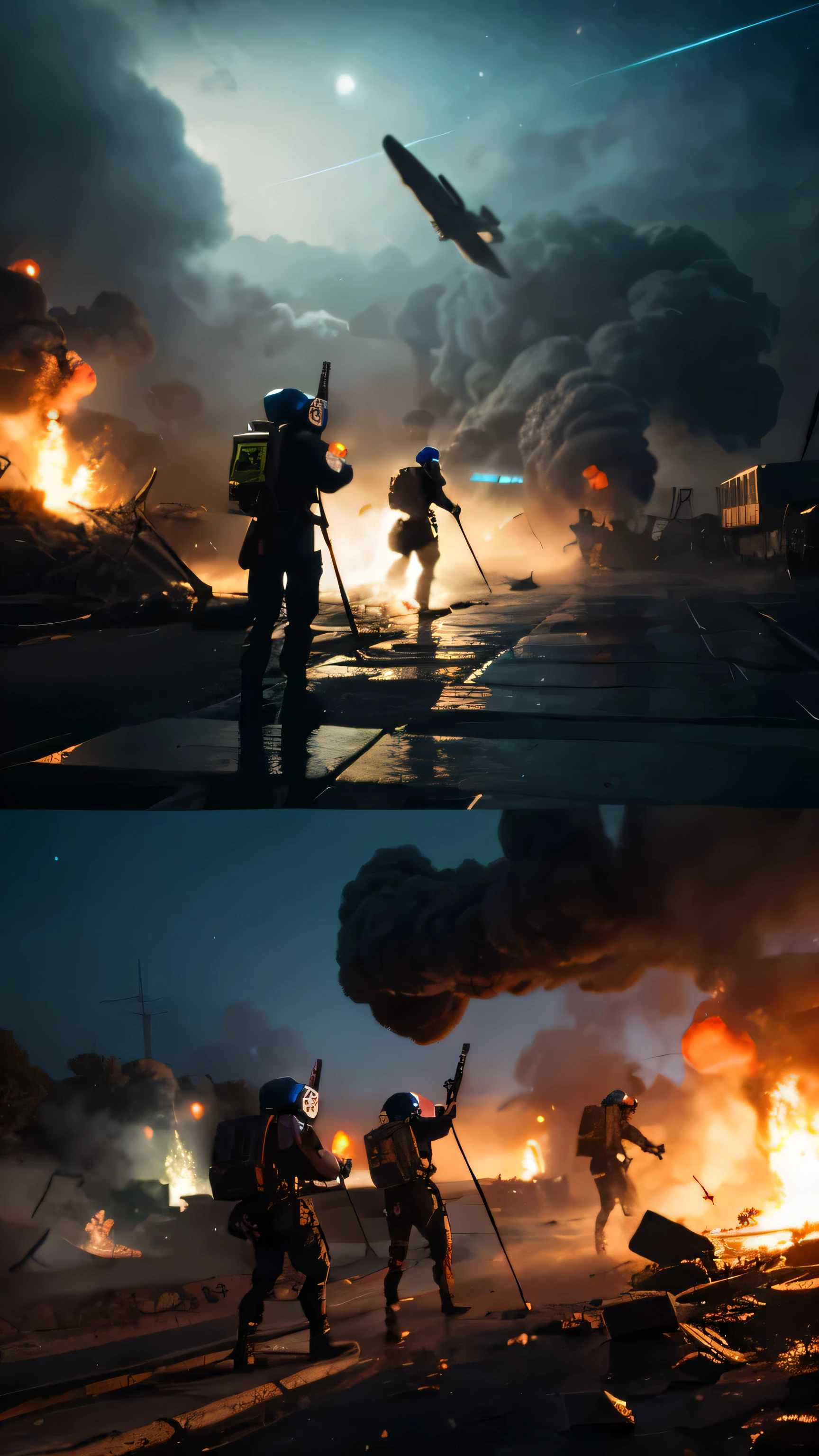 arafed image of a group of people walking through a building with a fire in the background, still from a music video, fabian wagner cinematography, eve online movie still, promotional images, nvidia promotional image, by Ejler Bille, prison city, riot entertainment, promotional image, ( ( mads berg ) ), rammstein, riot entertainment realistic, capitol riot --auto --s2