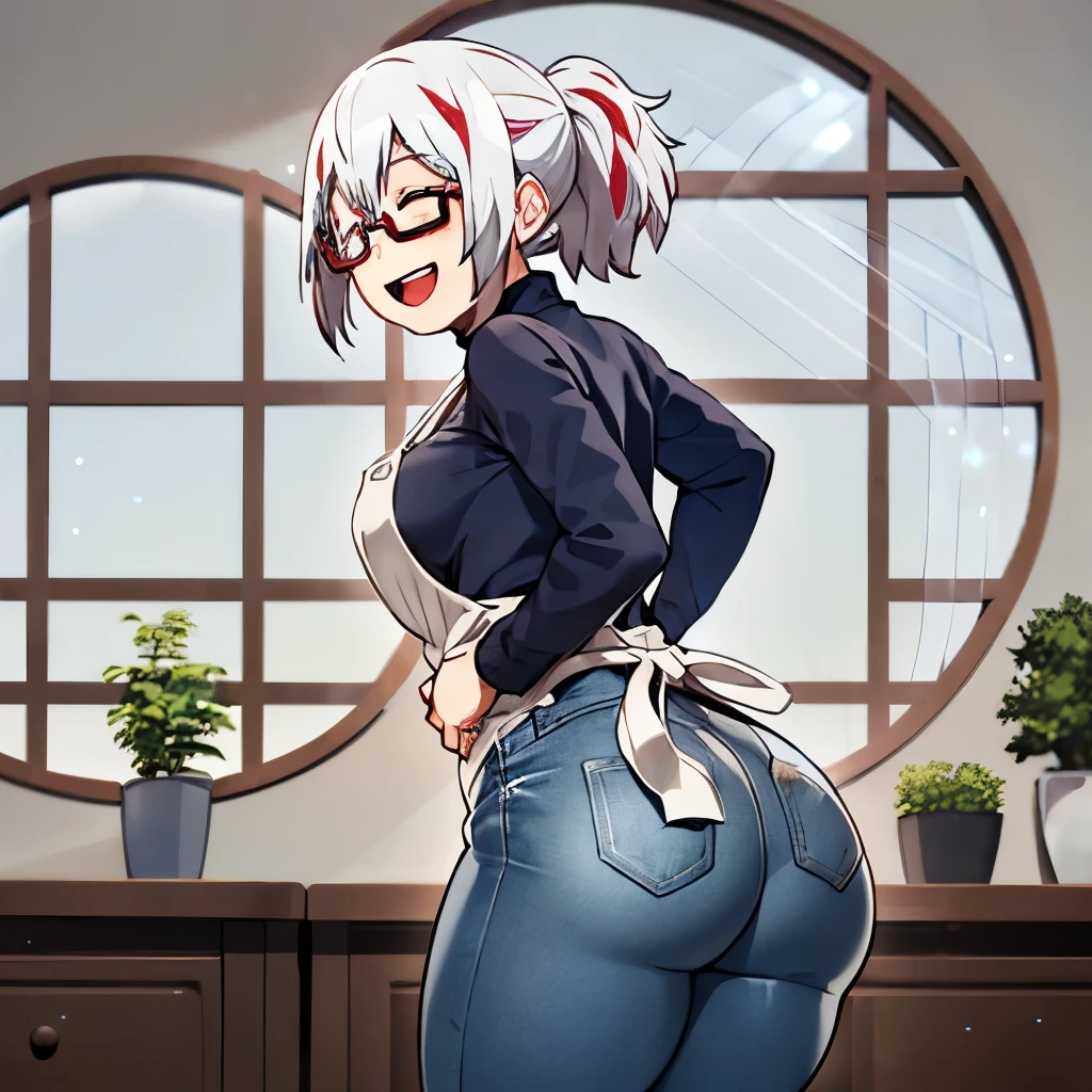 fuyumi todoroki, 1girl, solo, breasts, blush, smile, short hair, open mouth, bangs, long sleeves, medium breasts, standing, closed eyes, ponytail, white hair, :d, red hair, multicolored hair, glasses, teeth, pants, indoors, apron, two-tone hair, sweater, streaked hair, window, leaning forward, turtleneck, upper teeth only, arms behind back, blue shirt, denim, facing viewer, semi-rimless eyewear, lens flare, thick, ass view, ass view, ass view, ass view,