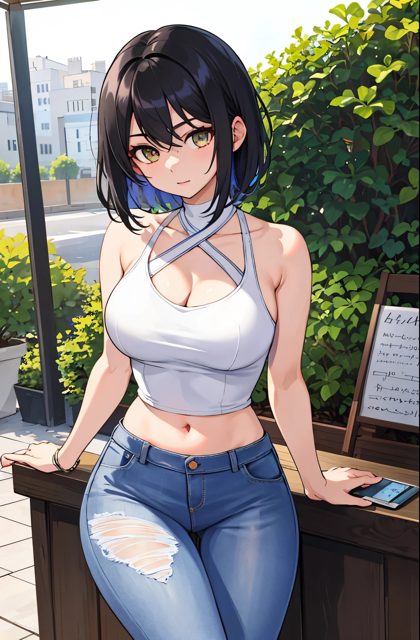 Super sexy Maria dressed （low cut、tight （Flare Jeans））， （（white crop top：1.5） exposed neck tank top）， Short hair and black hair， lifelike， （high resolution）， （make reality：1.4）， （very complicated）， （Exquisite details）， Very detailed， high resolution， The original， Extremely detailed 8K wallpapers， best quality， Detailed face， Super detailed， The originalPhoto， make reality， （thigh gap：1.5），naked ，big breasts，exposed 