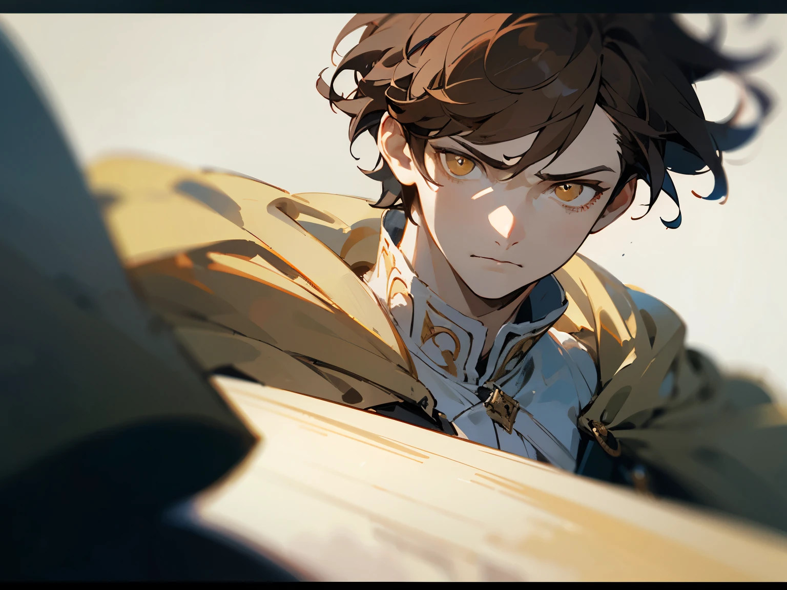 1man, cold, neutral, strict, uncaring expression, prince, straight brown hair, short hair, strict, light yellow eyes, noble, pale skin, dull colors, royal clothes, 20yo, adult face, sharp focus, mature, solo, masculine, blurry foreground, cinematic lighting