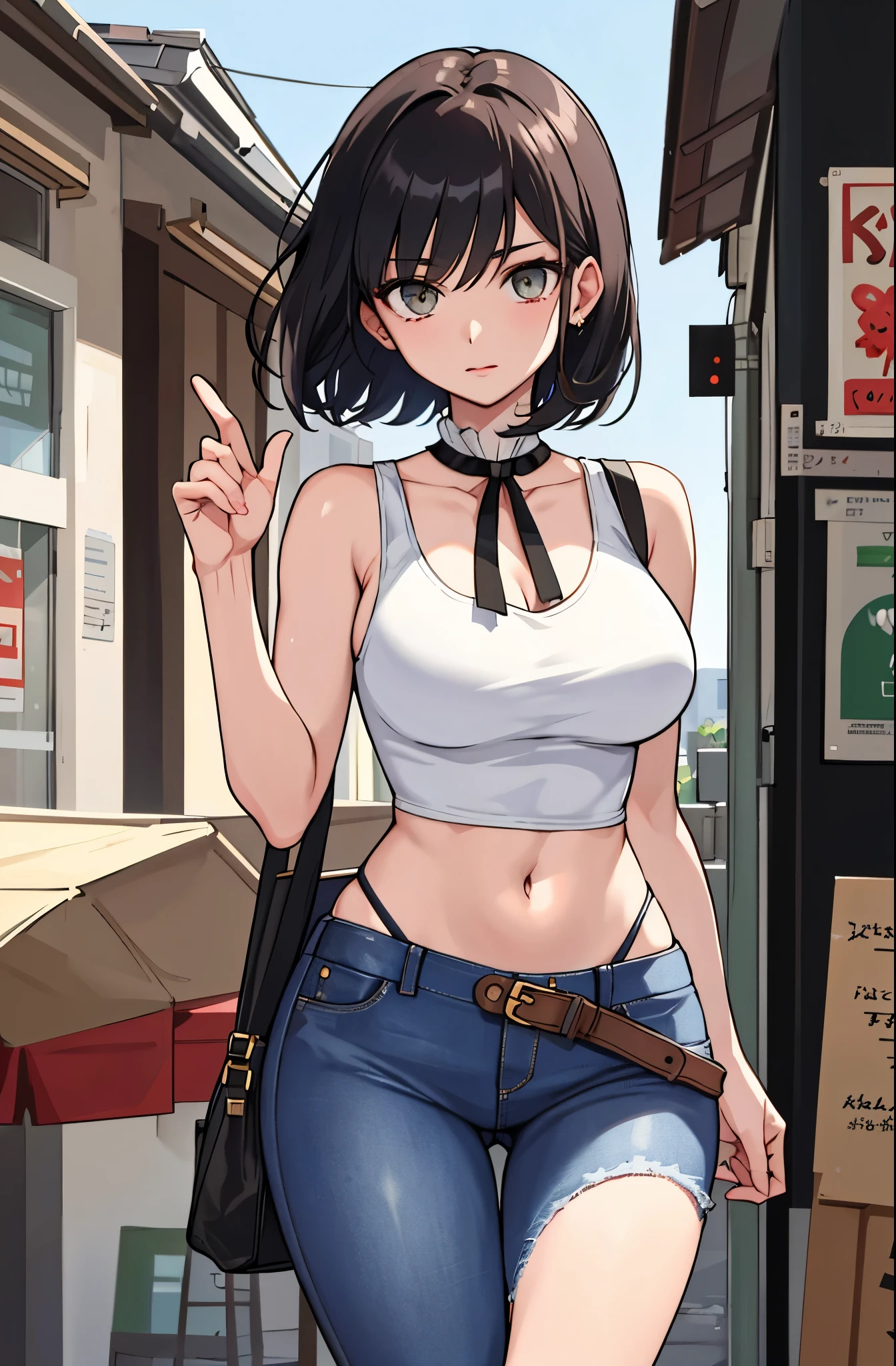 Super sexy Maria dressed （low cut、tight （Flare Jeans））， （（white crop top：1.5） exposed neck tank top）， Short hair and black hair， lifelike， （high resolution）， （make reality：1.4）， （very complicated）， （Exquisite details）， Very detailed， high resolution， The original， Extremely detailed 8K wallpapers， best quality， Detailed face， Super detailed， The originalPhoto， make reality， （thigh gap：1.5），naked ，big breasts，exposed 