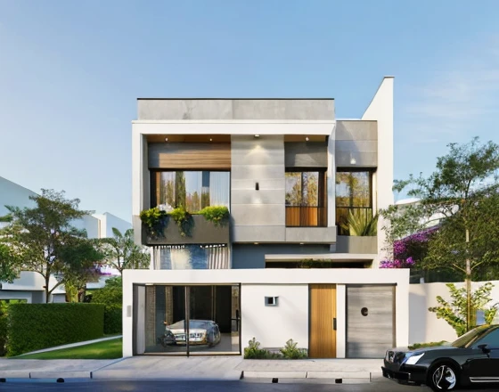 Modern Architecture, granite walls, wooden floors, wall painted white, concrete ceilings, black rail ceilings, xingfa glass doors, lawn garden views, ornamental plants, sunrise, realistic, best quality , sharpest image, sunset light, Vray rendering, full detail,8k