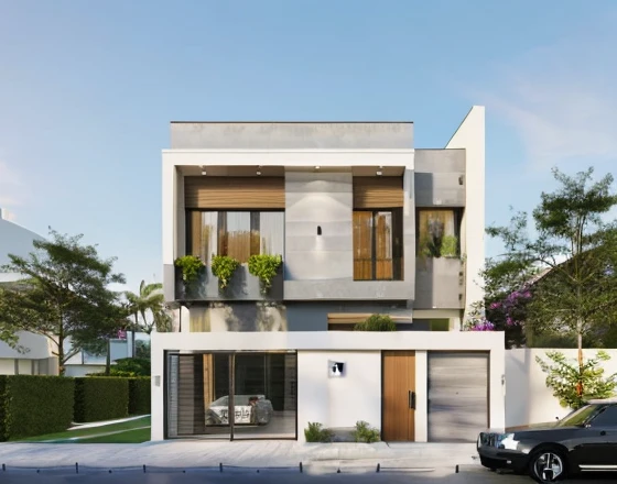 Modern Architecture, granite walls, wooden floors, wall painted white, concrete ceilings, black rail ceilings, xingfa glass doors,  lawn garden views, ornamental plants, sunrise, realistic, best quality , sharpest image, sunset light,  Vray rendering, full detail,8k