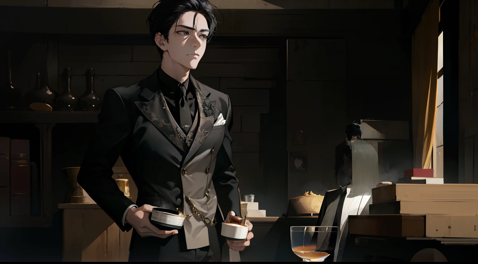 1 male, aldult, Handsome, muscular man, broad shoulders, black eyes, black hair, alone, Black suit，Oil head, cold，standing posture，Holding two cups