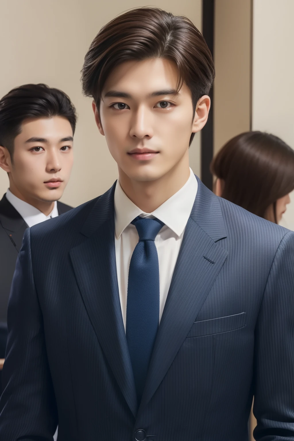 Brown suit、　20-year-old refreshingly handsome new employee、　（Super cool S-class guy in a suit）、　Japan boys at 20 years old、　businessman、　Ultra-luxury suits、　s Office、　Stand in a suitＳYoung handsome man、　Full body photo、　（Highly detailed photos of CG Unity 8K）、　（A highly detailedＳHandsome man in class）、　（Photo Real）、　　（（top-quality））、　ultra-detailliert、　（​masterpiece）、　An ultra-high picture quality、　tall、　viewer、　Gentle man、　Very beautiful hair、　Shorthair、　Bright photo、　Handsome like a model、　Handsome like an idol、　Luxury Watches、　Cool belt、　japanes