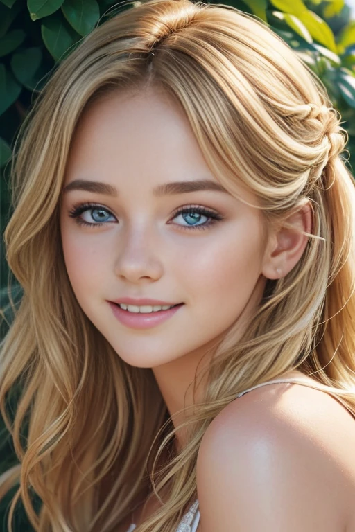 (best quality,ultra-detailed,photorealistic),portrait,illustration,soft lighting,vibrant colors,blonde highlights,wavy texture,natural beauty,subtle makeup,expressive eyes,rosy cheeks,smiling,lush garden background,summer vibes,joyful atmosphere