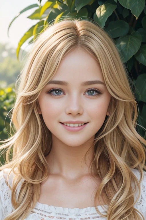 (best quality,ultra-detailed,photorealistic),portrait,illustration,soft lighting,vibrant colors,blonde highlights,wavy texture,natural beauty,subtle makeup,expressive eyes,rosy cheeks,smiling,lush garden background,summer vibes,joyful atmosphere