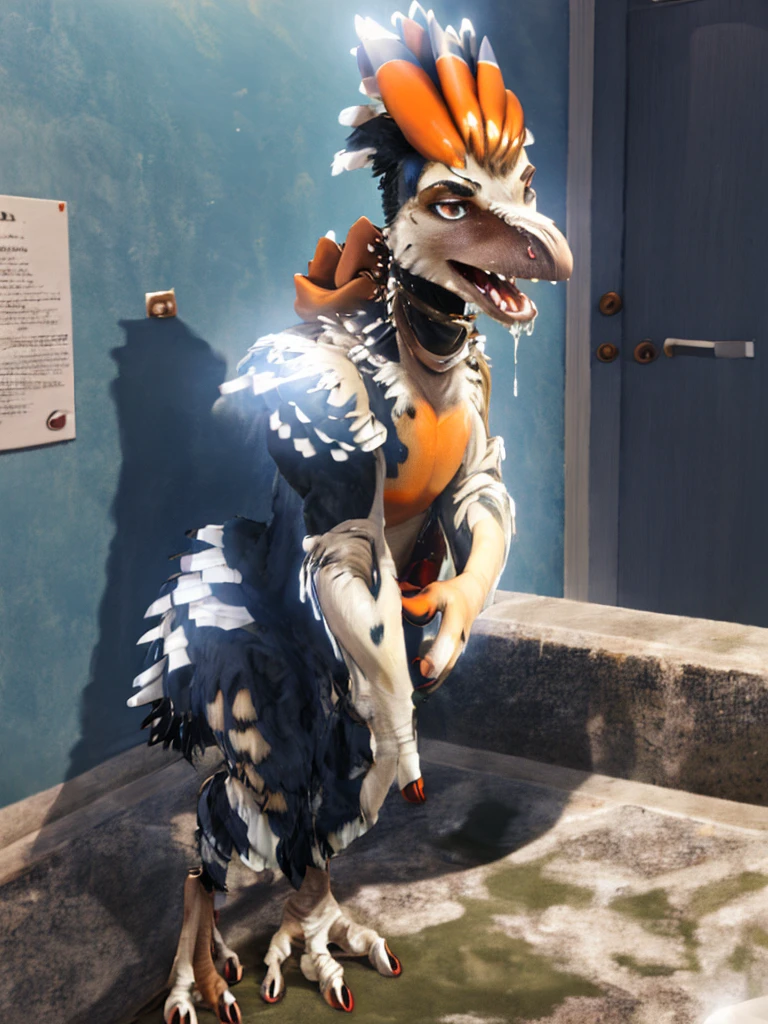 Ultra high resolution, best quality, masterpiece, mirror reflection, (half transformation), young male human feathered deinonychus animatronic mascot girl fursuit hybridization metamorphosis, in dark abandoned unlit bathroom, (part human:1.6) (part feral:1.3), (orange:1.9) (tawny:1.5) (striped:1.2) (spotted:1.1), ((liquid goo partial dripping encasement)), Five nights at Freddy’s style, you stare at your reflection in horror as you morph into a decrepit animatronic feathered deinonychus mascot girl, transgender transformation male to female