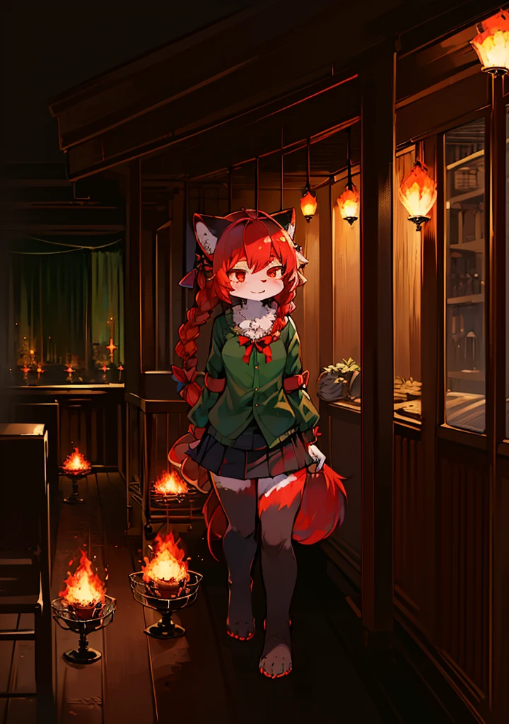 (dark environment: 0.8), masterpiece, high quality, abstract resolution, digital painting\(artwork\), by Dagasi, Yeah, Kiyosan, (medicineo, fluffy fur, character focus: 1.1), medicineo Female Cat, redhead, portrait , bright eyes, panorama, character focus. (detailed background: 0.7), alone, furry, furry Female, female focus, medicine, (Full body fur, Fluffy Tail, black fur, red eyes, redhead: 1.2), (long canines, feline devil, twisted braids, dark green ribbon hair accessory, black green trim skirt, Ghost Fire, trolley: 1.2),