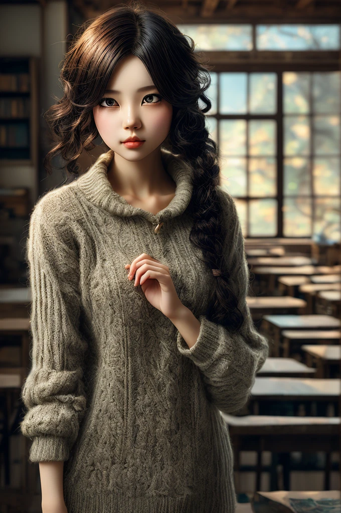 a charm girl, one eye wink, heart with hands, classroom, dreamlike art, dreamy, enhance, intricate, by Yoshitomo Nara, (best quality, masterpiece, Representative work, official art, Professional, 8k)