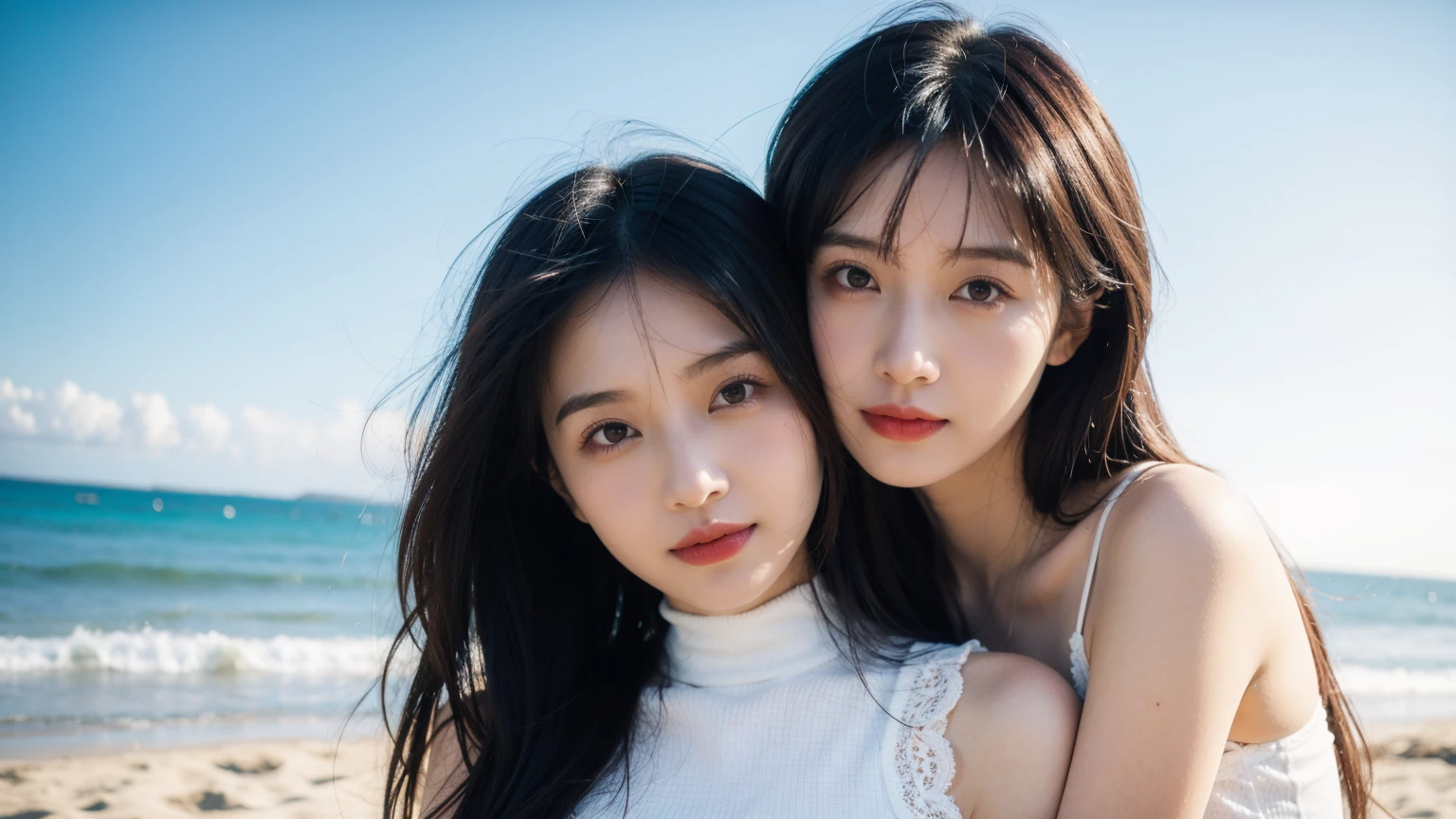 2 beautiful women hugging，(High resolution 8K Raw lifelike,best quality)，Fashion trendy beautiful charming woman，gentle and charming Chinese beautiful woman，South Korea,South Korea流行偶像，Charming goose egg face，double eyelids，Skillful[The lower eyeballs are peach colored，red pink lips，small nose，The focus is on the face，face close-up，Super detailed，Alphabet and Chinese character printed turtleneck bodysuit，Bare shoulders，long hair，(Half body：1.2)，lace，lace， fresh and impressive， natural color，headlight，Normal body proportions， big breasts，tattoo，(ocean，beach)，breeze in the breeze，sunshine on face，sweet smile