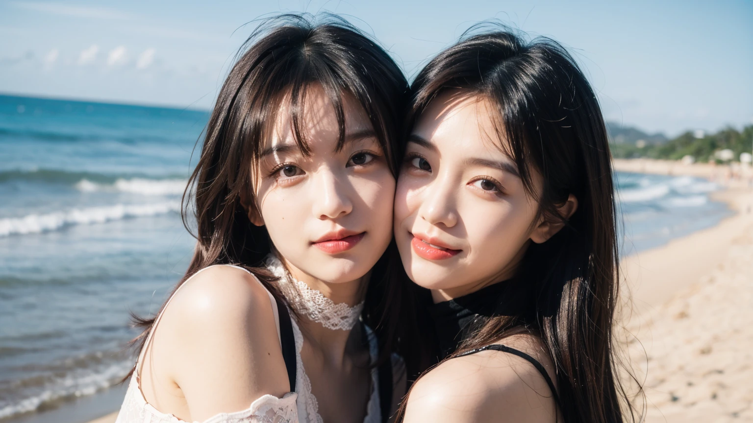 2 beautiful women hugging，(High resolution 8K Raw lifelike,best quality)，Fashion trendy beautiful charming woman，gentle and charming Chinese beautiful woman，South Korea,South Korea流行偶像，Charming goose egg face，double eyelids，Skillful[The lower eyeballs are peach colored，red pink lips，small nose，The focus is on the face，face close-up，Super detailed，Alphabet and Chinese character printed turtleneck bodysuit，Bare shoulders，long hair，(Half body：1.2)，lace，lace， fresh and impressive， natural color，headlight，Normal body proportions， big breasts，tattoo，(ocean，beach)，breeze in the breeze，sunshine on face，sweet smile