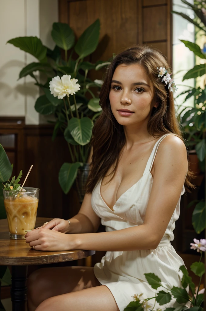 pretty woman sitting at a table, vase of flowers in the background, covered in plants and flowers, sitting in a cafe, natural beauty, depth of field, cinematic lighting, masterpiece, breathtaking, photo-realistic