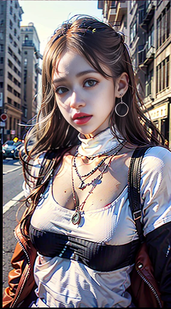 Beautiful girl college student,masterpiece,Light makeup,red lips,silver hair,messy long hair,street background,beautiful,grace。Super fine detail,work,Authentic texture,Realistic movie lighting,完美的work,8k,HD,Exquisite facial features,White skinny turtleneck top,White skinny shorts,slim figure,big bright eyes,,earring,necklace,Tattoos are super detailed in colors.
