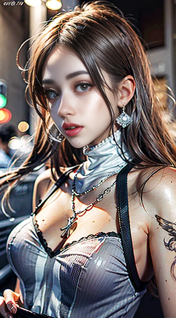 Beautiful girl college student,masterpiece,Light makeup,red lips,silver hair,messy long hair,street background,beautiful,grace。Super fine detail,work,Authentic texture,Realistic movie lighting,完美的work,8k,HD,Exquisite facial features,White skinny turtleneck top,White skinny shorts,slim figure,big bright eyes,,earring,necklace,Tattoos are super detailed in colors.