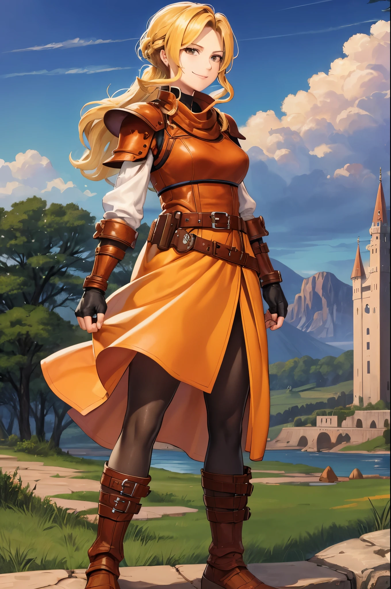 masterpiece, best quality, eyvel, armor, fingerless gloves, orange dress, belt, white pantyhose, brown boots, cowboy shot, from side, looking at viewer, smile, castles, cobblestones, clouds, river 