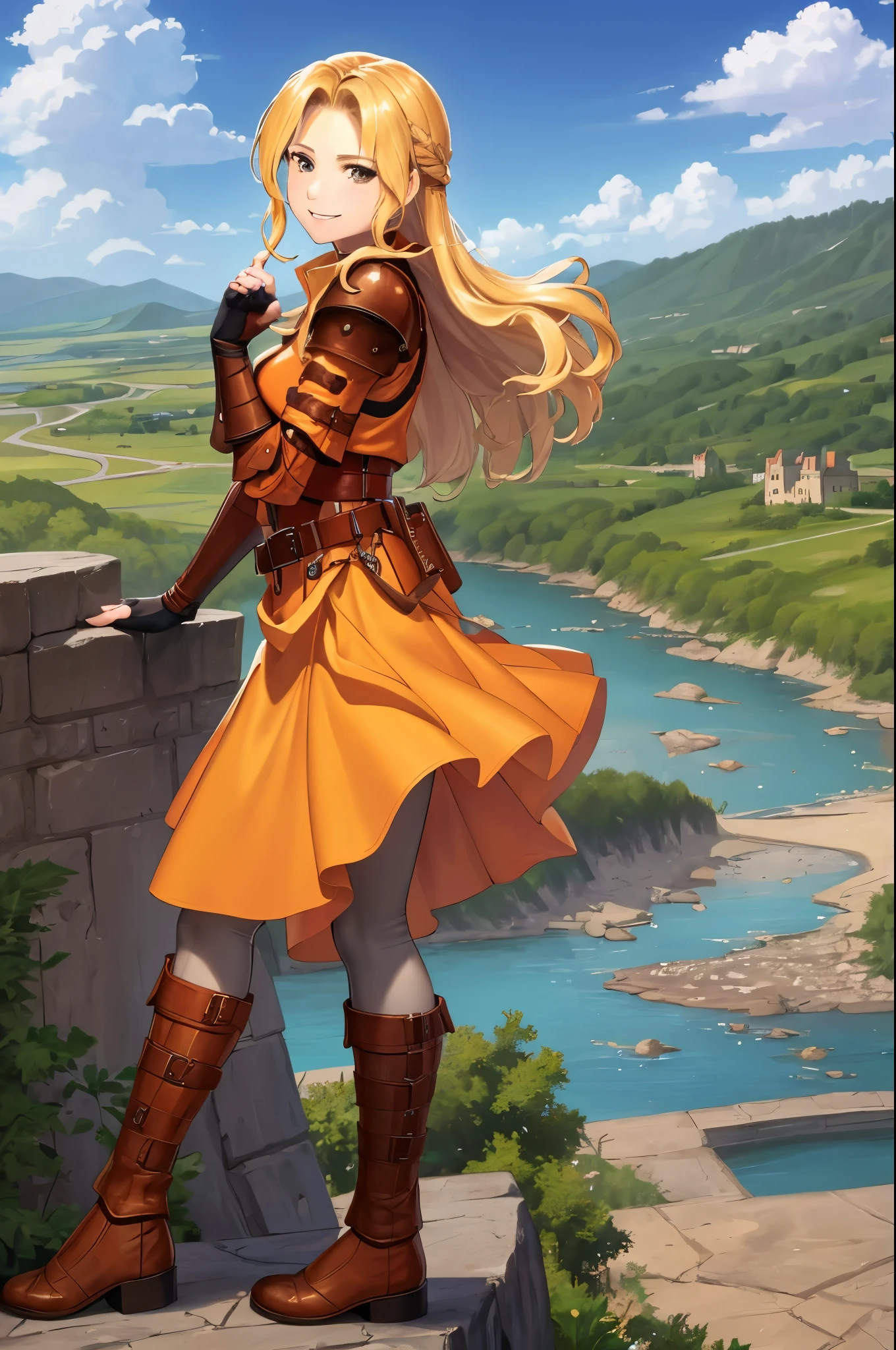 masterpiece, best quality, eyvel, armor, fingerless gloves, orange dress, belt, white pantyhose, brown boots, cowboy shot, from side, looking at viewer, smile, castles, cobblestones, clouds, river 