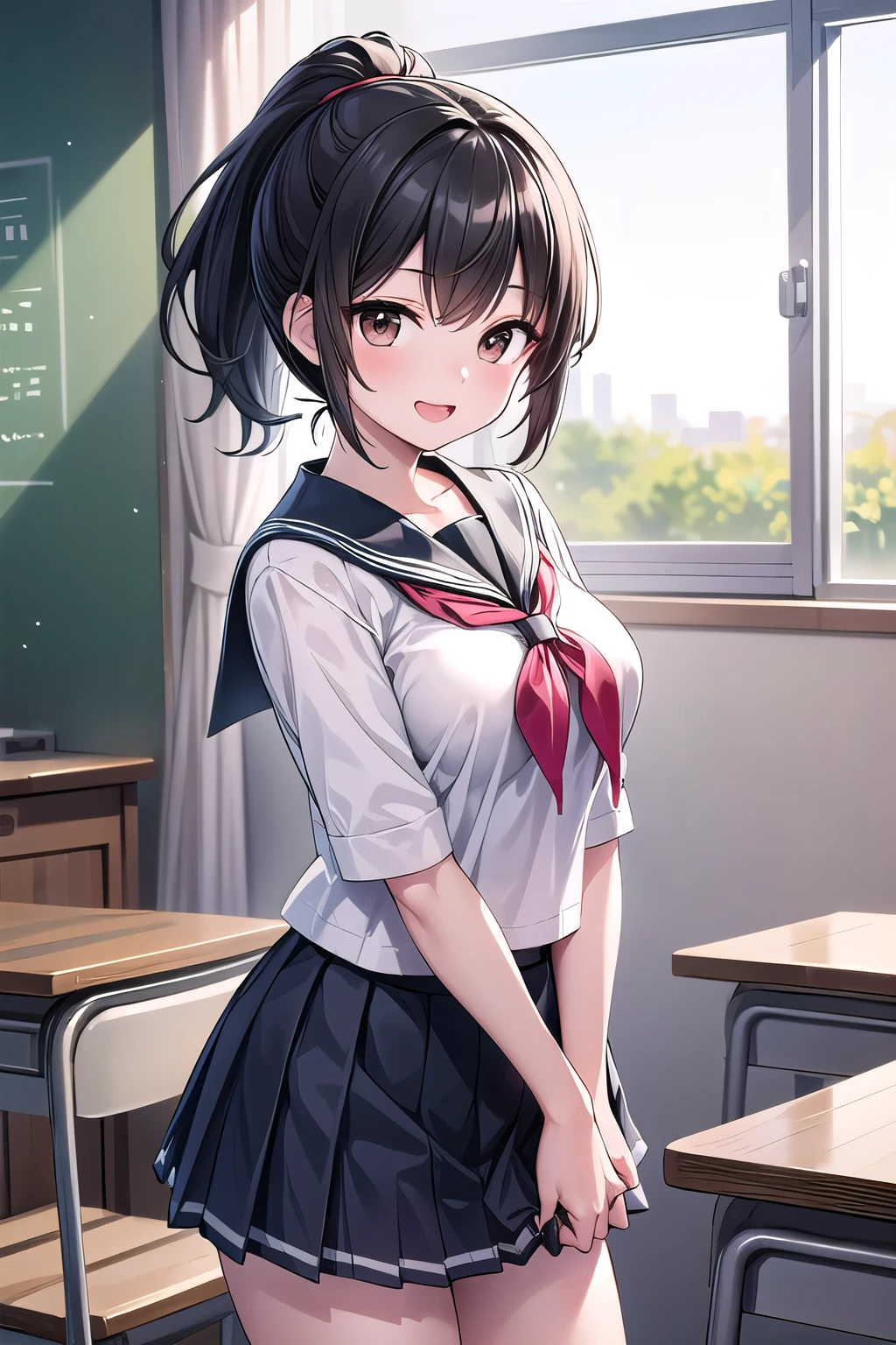 solo girl,20 years old, medium hair,looking at viewer, black hair,ponytail hair, brown eyes, medium breast, happy,laugh,pleated skirt,sailor suit,mini skirt,indoors,school,Best Quality, High resolution, Extremely detailed, Detailed background, Perfect Lighting