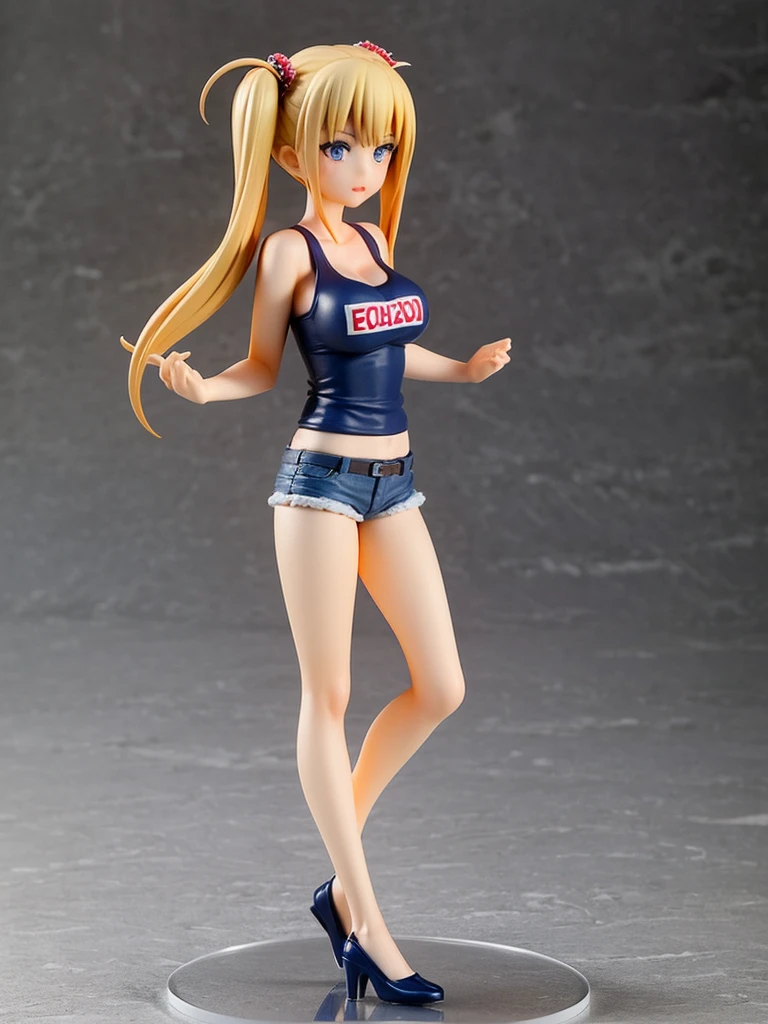 1girl, akizuki airi, blue eyes, blonde_hair, twintails, very_long_hair, she is wearing it in her hair_ornament red, hair_scrunchie red, medium_breasts, white tank top, blue jean short, red belt, full body, ranking: explicit,