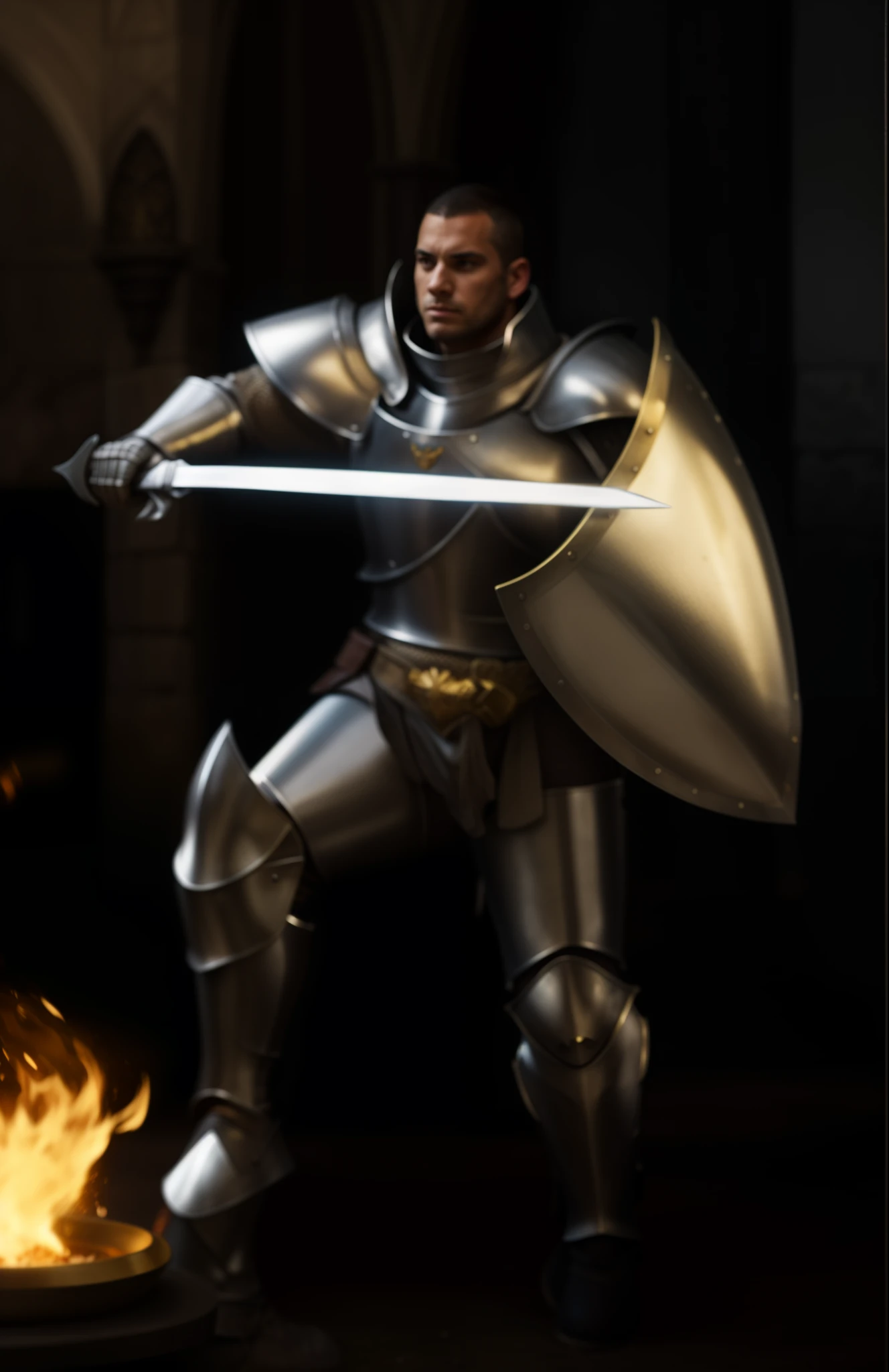 1man male person, short air, young man, a close up of a person in armor holding a sword, silver and gold heavy armor, with sleek silver metal armor, black face, dark tanned skin, knight sword, holy sword, gold and silver armour suit, heavy white and golden armor, with sleek silver armor, white plated armor, armored knight, silver sharp streamlined armor, detailed sleek silver armor, knight wearing plate armor, sleek smooth white plated armor, polished steel armor, no wearing helmet, ((staying on the knee pose))