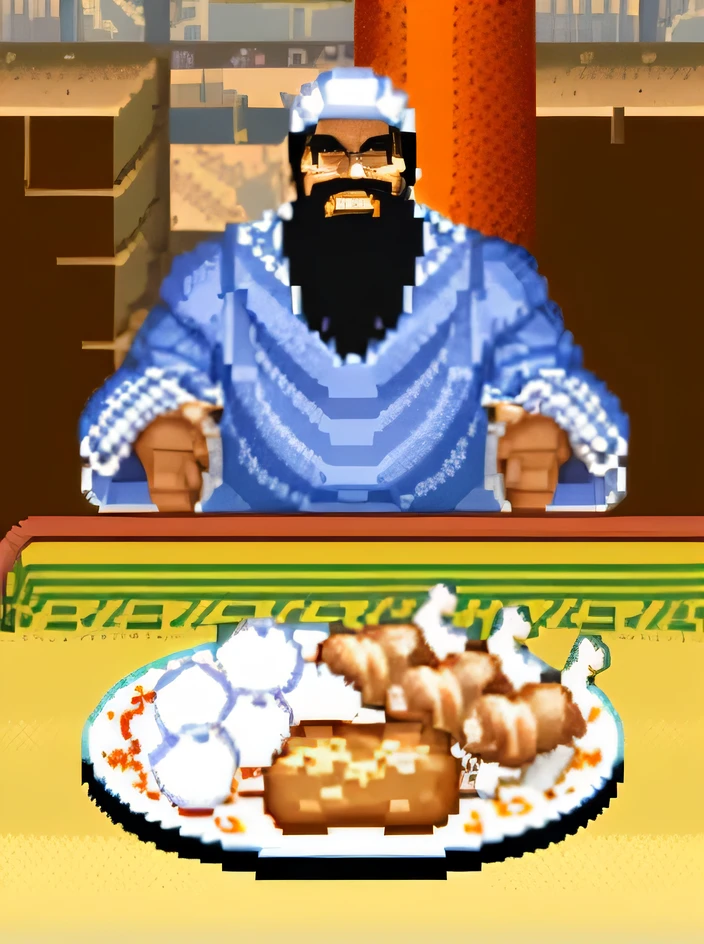 Pixel,a man sitting at the table,There is a plate of steamed buns and chicken legs on the table