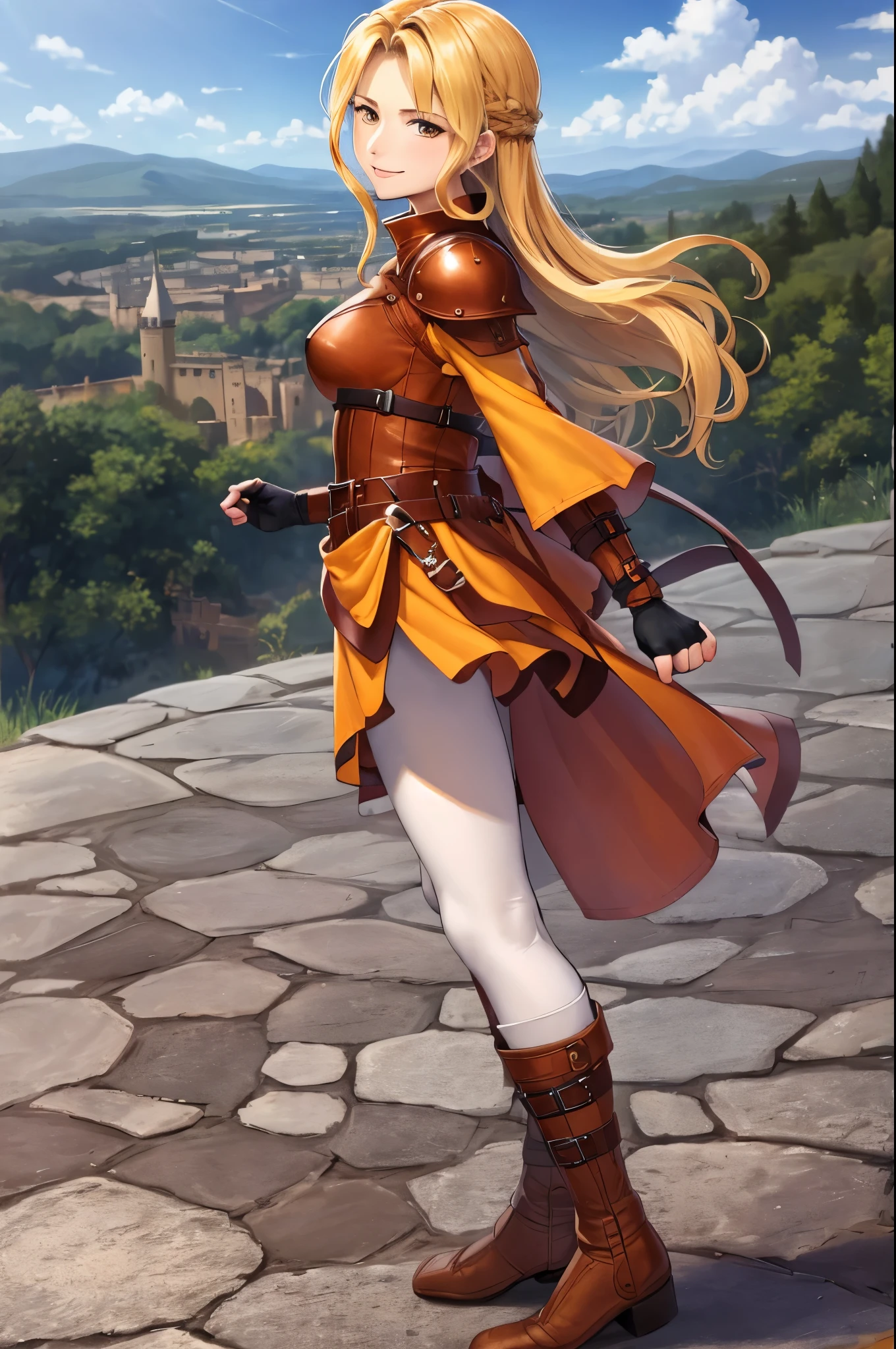 masterpiece, best quality, eyvel, armor, fingerless gloves, orange dress, belt, white pantyhose, brown boots, cowboy shot, from side, looking at viewer, smile, castles, cobblestones, clouds, river 