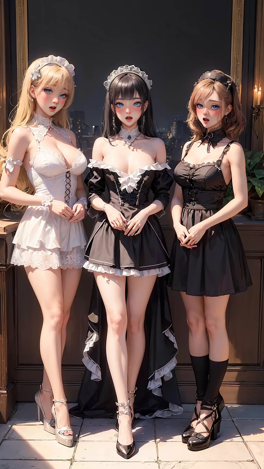Ultra Quality, (Unparalleled Masterpiece:1.4), Overwhelmingly, Pixel-Perfect, Ultra-Detailed, CG 4K,(Ultra-Detailed Clear), ((fantasy landscape)), (Absurdly-Vivid), (intricately detailed), (Facing Viewer:1.2), (Cowboy Shot:1.2), (from above:1.1), Shiny detailed hair, beautiful hair, detailed face, ((3 girls)), ((group of three girls)), ((group of three girls standing side by side)), ((3 girls looking at viewer)), ((maids)), ((group of three female maids)), ((fantasy maids)), seductive, slutty, erotic, suggestive, ultra high quality eyes, detailed eyes, perfect eyes, large eyes, blushing, open mouth, ahegao, ((nsfw))