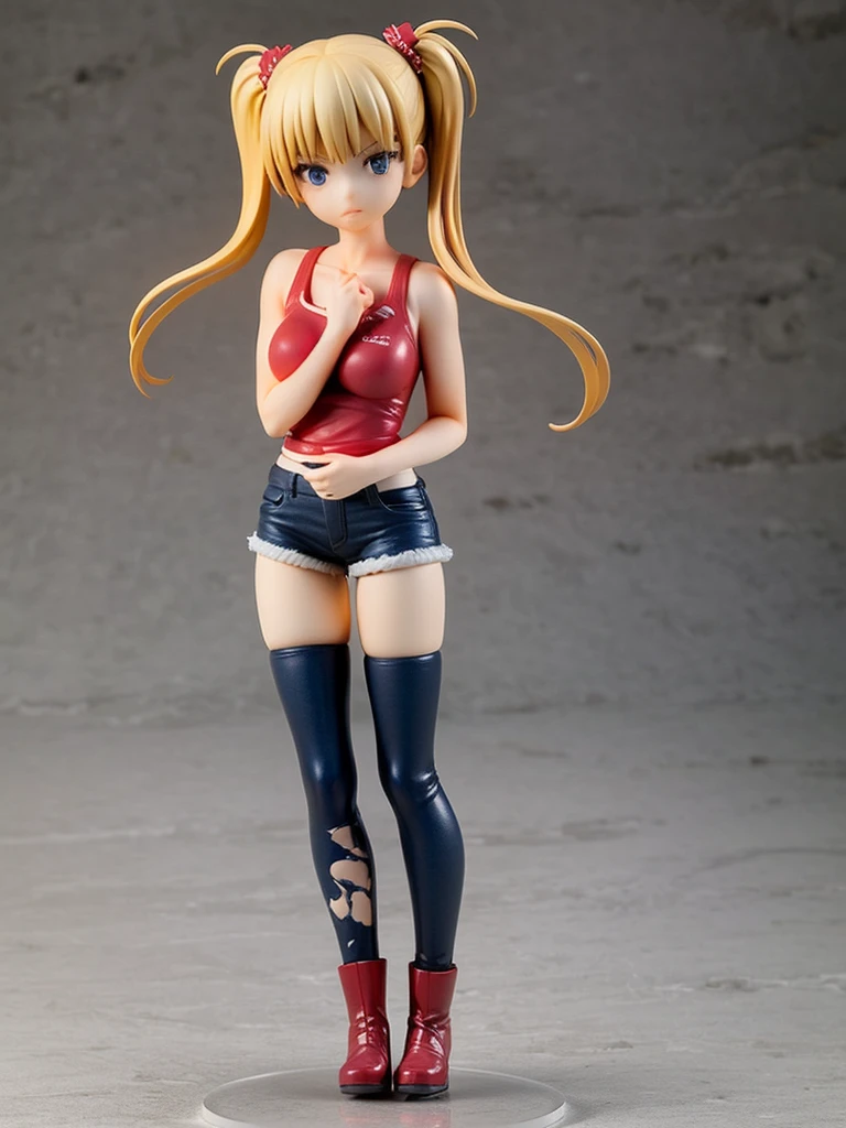 1girl, akizuki airi, blue eyes, blonde_hair, twintails, very_long_hair, she is wearing it in her hair_ornament red, hair_scrunchie red, medium_breasts, white tank top, blue jean short, red belt, full body, ranking: explicit,