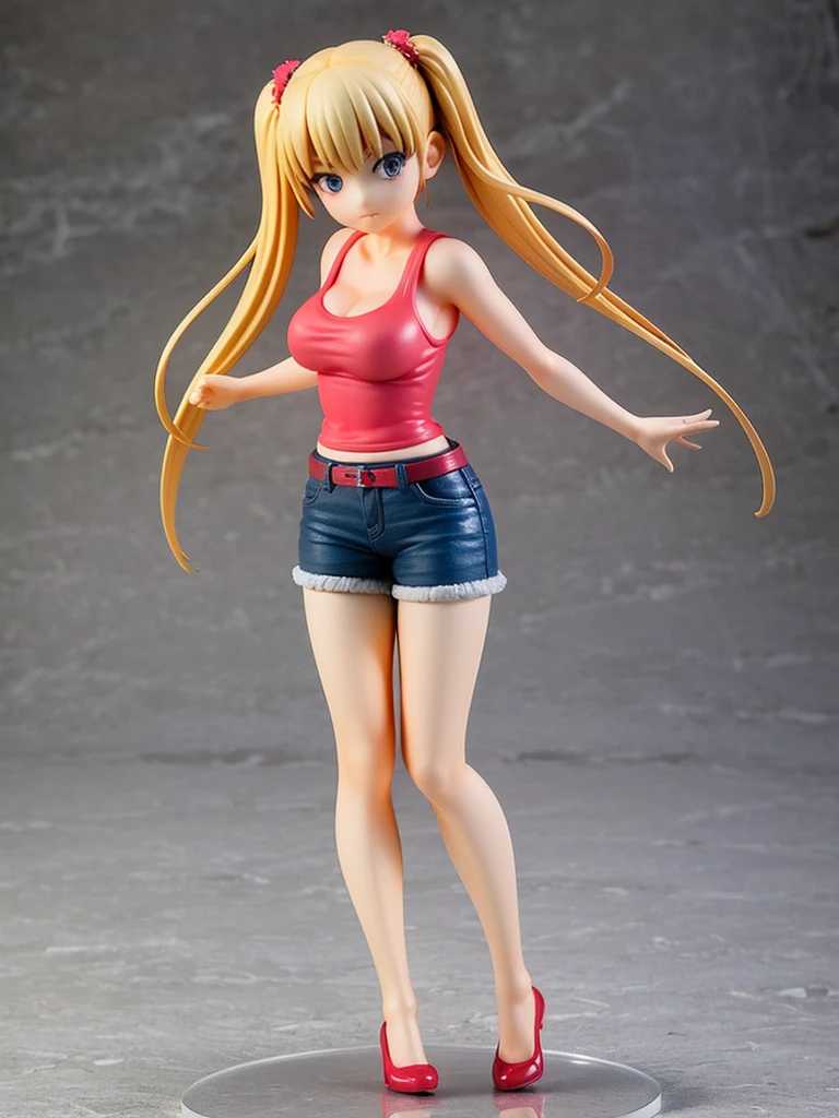 1girl, akizuki airi, blue eyes, blonde_hair, twintails, very_long_hair, she is wearing it in her hair_ornament red, hair_scrunchie red, medium_breasts, white tank top, blue jean short, red belt, full body, ranking: explicit,