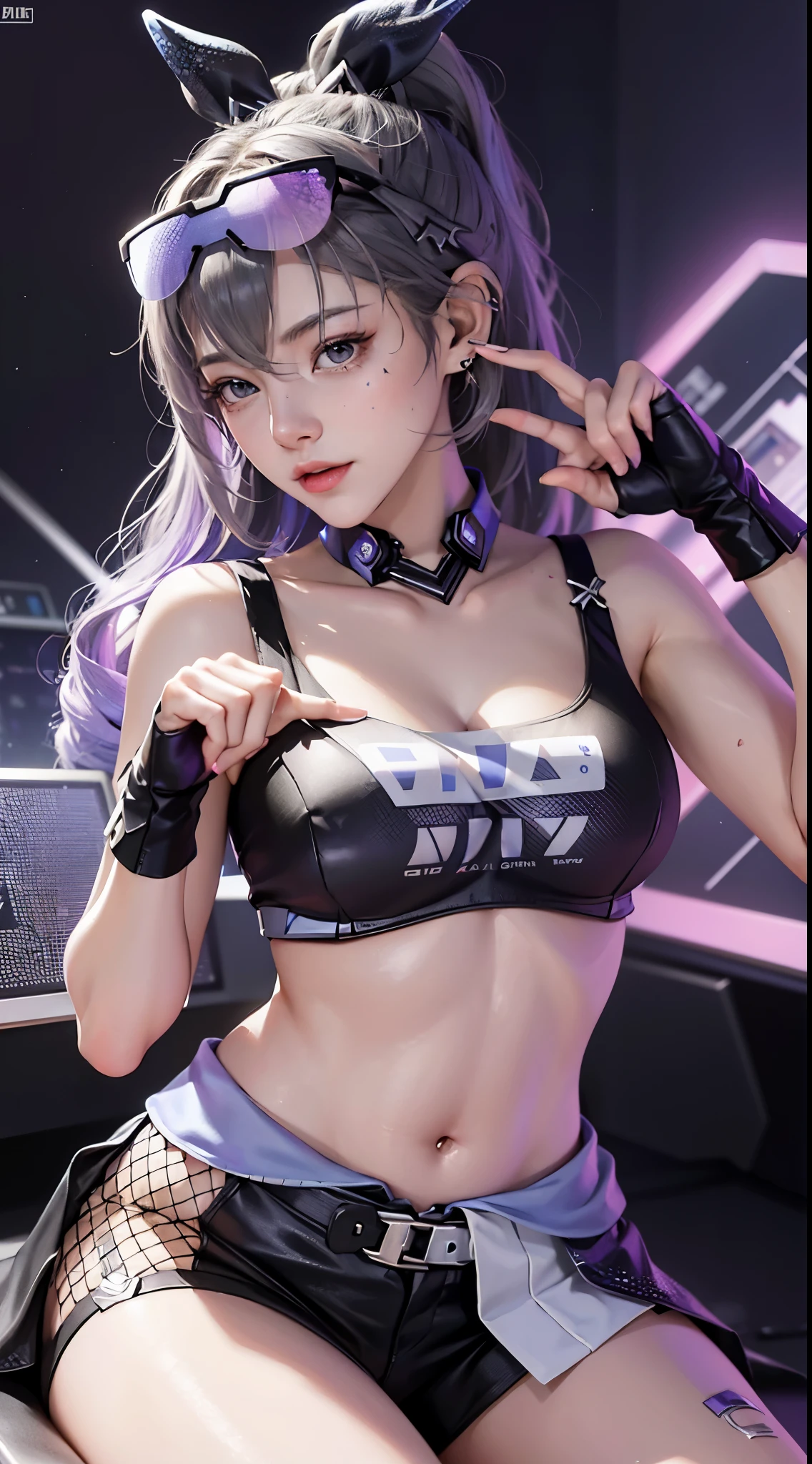 (((((7 avatar shot)))), silver wolf, masterpiece, best quality, Super detailed, Extremely detailed 16k CG wallpaper, pretty face, (silver wolf in Esports Room), (Perfect and graceful curvy figure), sitting position, Rainbow Color Jewel Eyes, Wearing a resin holographic sports bra, Drapey cropped top, Mini pleated skirt, Flared collar, logo, impotence, rim light, concert, neon lights, vocal, Flared collar, Esports Headset, , Esports Room, playing game, White interior through red skin, Holographic projection, Flat sphere, Graffiti logo, Very detailed tattoo_,
Authoring information